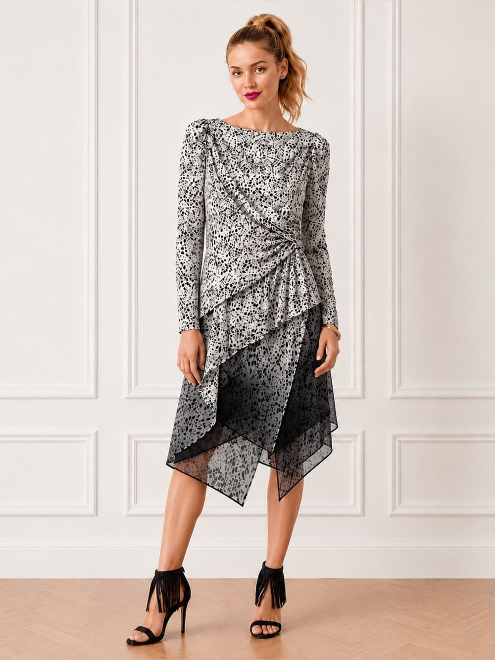 Cynthia Steffe $295 Womens Size 4 Silk Ombre Animal Print Long Sleeve Dress